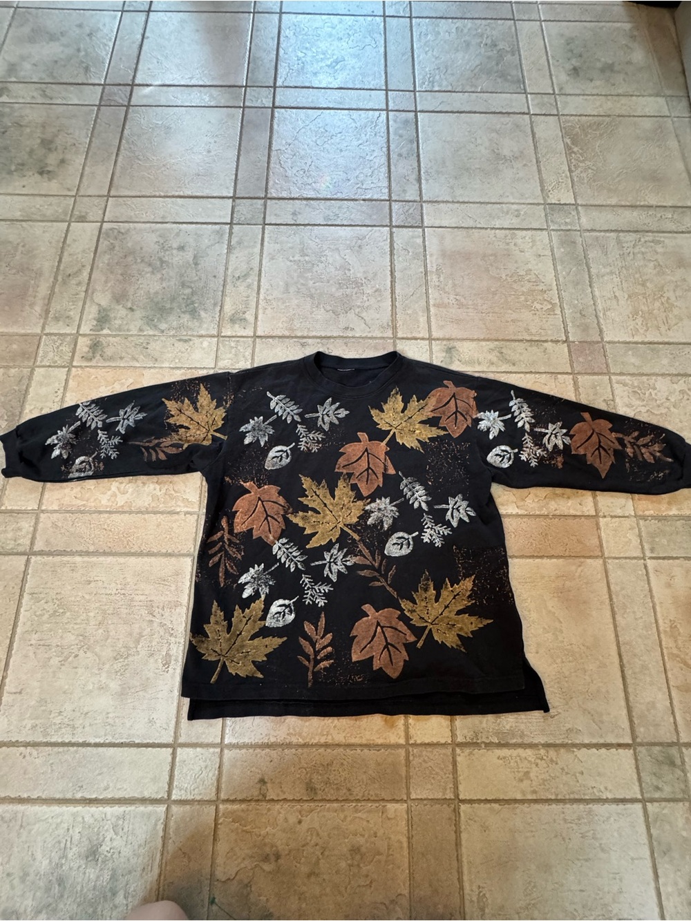Men's Black Crewneck Sweater with Autumn Leaf Print